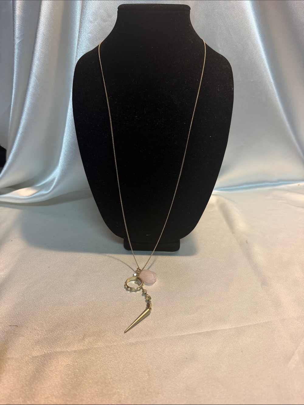 Gold-Tone Long Necklace with Pink Stone and Spike Pendant